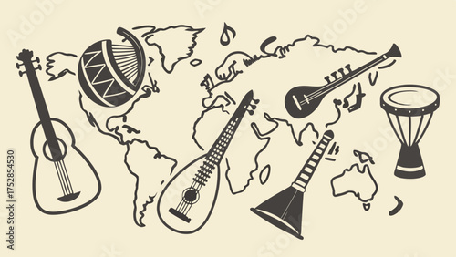 Diverse World Musical Instruments on Global Map for Cultural Harmony Music Education and Travel Marketing Design