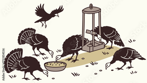 Wild Turkeys and Crow Eating from Outdoor Feeder and Bowl. Autumn Harvest Wildlife Illustration for Thanksgiving Holiday and Nature