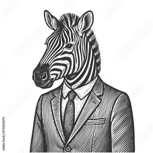 zebra businessman dressed in a formal suit and tie, sketch engraving generative ai fictional character vector illustration. Scratch board imitation. Black and white image.