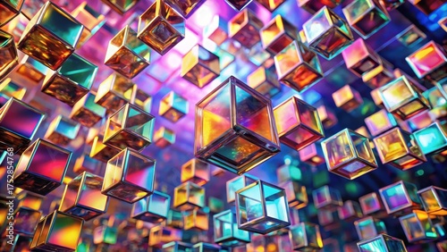 A vibrant array of iridescent cubic forms floats in a dynamic, colorful environment, showcasing a captivating interplay of light and shadow, creating a visually stunning abstract composition.