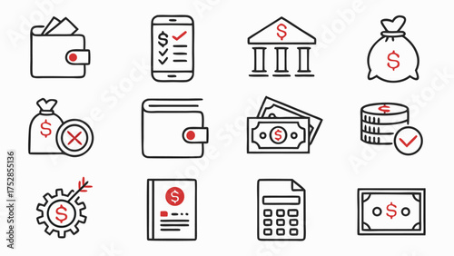 Financial Icons Depicting Economy Management Investment Banking and Money Related Activities Symbolic Visuals of Monetary Aspects and Transactions