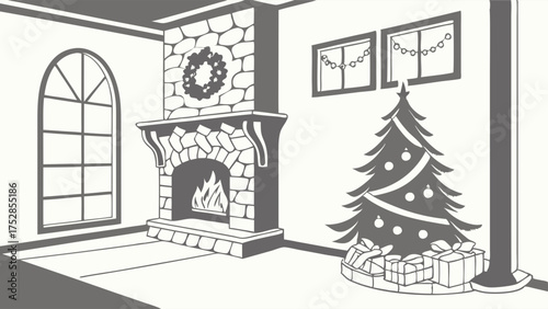 Black and White Illustration of a Cozy Christmas Living Room with Fireplace Decorated Tree and Presents Festive Holiday Interior for Seasonal Marketing and Greeting Cards