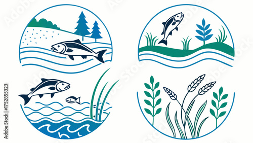 River and Lake Ecosystem Icons. Freshwater Fish, Aquatic Plants for Nature Conservation, Fishing Industry, Wildlife Protection, Sustainable Water Resources Design.