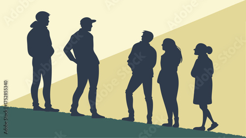 Diverse Team Silhouettes Standing on Upward Slope for Business Growth and Future Career Development.