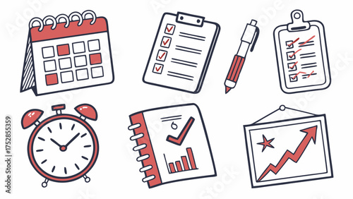 Hand Drawn Productivity Icons Set. Business Planning, Time Management, Task Organization, Workflow Efficiency.