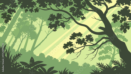 Lush Green Forest Sun Rays Nature Background for Environmental Design Wellness and Eco Tourism