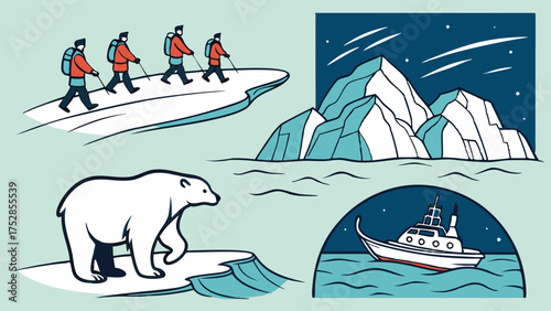 Arctic Expedition Adventure Travel Illustration for Polar Wilderness Exploration with Wildlife and Cruise Ship