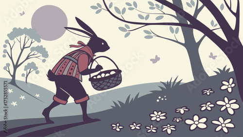 Whimsical Easter Bunny Carrying Basket of Eggs Through Enchanted Spring Forest Illustration for Holiday Marketing and Children's Books