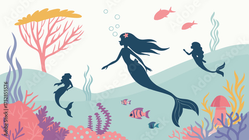 Whimsical Mermaids Swimming Underwater in a Magical Ocean Coral Reef. Dreamy Fantasy Vector Illustration for Kids Books, Web Design, Adventure.
