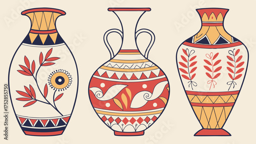 Traditional Decorative Pottery Vases with Ancient Ethnic Patterns. Perfect for Home Decor, Interior Design, Cultural Art, and Web Design Projects.