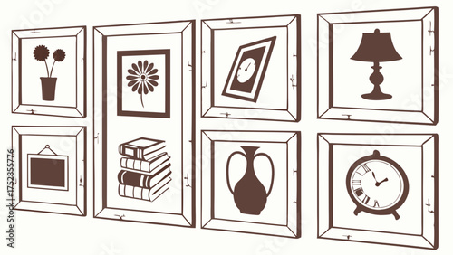 Stylish Illustrated Home Decor Gallery Wall with Framed Art Books and Clocks. Ideal for Interior Design Lifestyle Blogs and Creative DIY Projects.