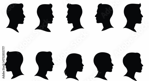 A compilation of various black silhouette profiles featuring ten human heads, encompassing diverse genders, ages, and hairstyles, suitable for conveying concepts of identity, user representation, and 