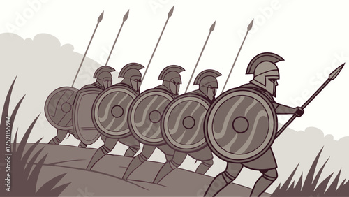 Ancient Soldiers in Phalanx Formation Marching Uphill with Spears and Shields. United Teamwork and Strategic Advance for Business Success.