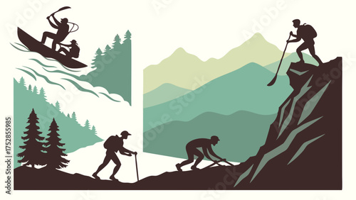 Whitewater Rafting, Hiking, Mountain Climbing. Outdoor Adventure Challenge, Teamwork, Perseverance, and Success in Nature.