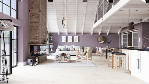 Modern open-plan living room interior with a rustic wooden fireplace. Spacious home with a high vaulted ceiling and contemporary furniture. 3d rendering architectural visualization