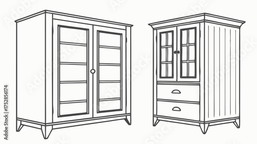 Elegant Line Art Illustrations of Traditional Storage Cabinets for Home Interior Design Furniture Retail and Renovation Planning Projects