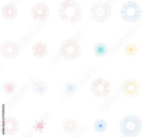Festive explosion of colorful starbursts scattered on a white background