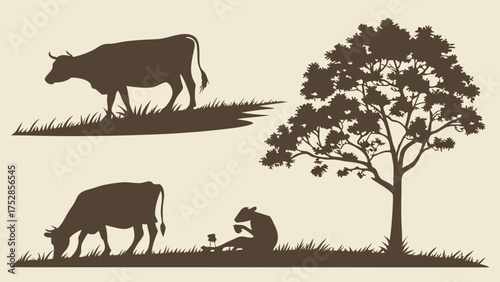 Peaceful Rural Farm Landscape Silhouette Grazing Cows and Person Relaxing Under Tree Agriculture Nature Vector