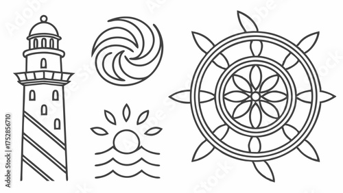 Nautical Line Art Icons Lighthouse Ship Wheel Sun Waves Vector Set for Summer Travel Coastal Adventure Marine Branding and Web Design Elements