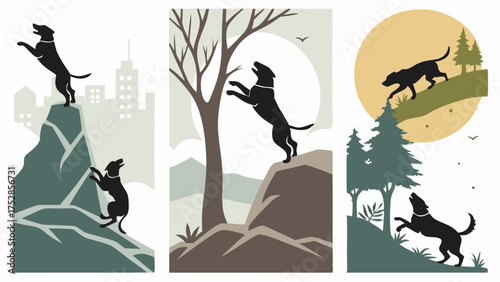 Ambitious Dogs Climbing Leaping Running for Business Success Growth and Overcoming Challenges Vector Illustration