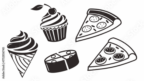 Appetizing Sweet and Savory Treats Collection with Pizza, Cupcake, Ice Cream, Cake for Restaurant Menus and Food Blog Design