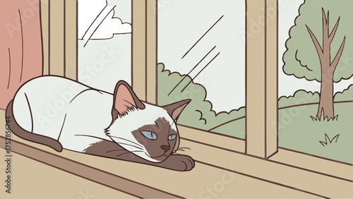 Peaceful Siamese Cat Relaxing on Windowsill Looking Out at Nature Cozy Home Pet Illustration for Lifestyle Content and Web Design