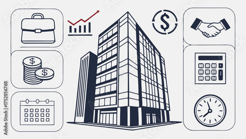 Modern Corporate Building with Financial Management and Business Planning Icons for Investment, Accounting, and Growth