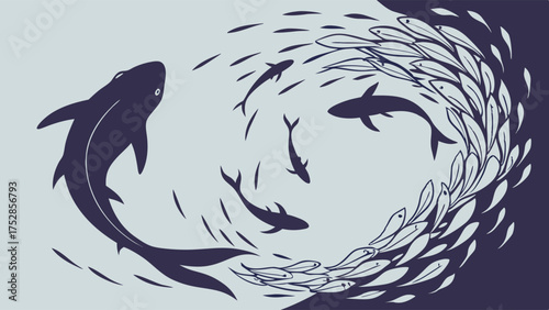 Business Strategy Competition Illustration Shark and Fish School Dynamic Leadership Teamwork Market Share Risk Management and Ecosystem Dynamics