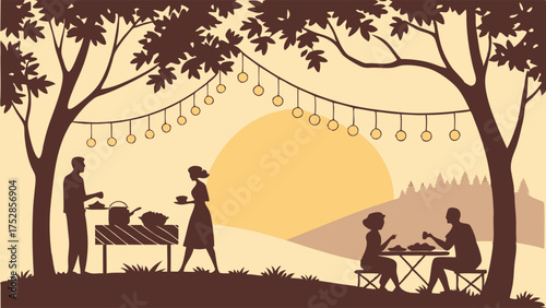 Happy Friends Enjoying Outdoor Evening Dinner Party Under Trees with String Lights and Sunset Silhouette