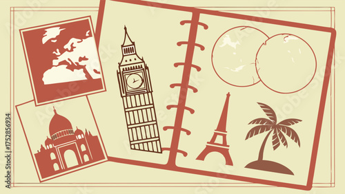 Vintage Illustrated Travel Journal with Iconic World Landmarks for Vacation Planning and Global Adventure Dreams