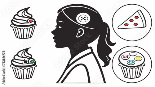 Young Woman Silhouette Deciding Food Choices Sweet Cupcakes Pizza Cravings Consumer Preferences Diet Lifestyle Marketing Advertising