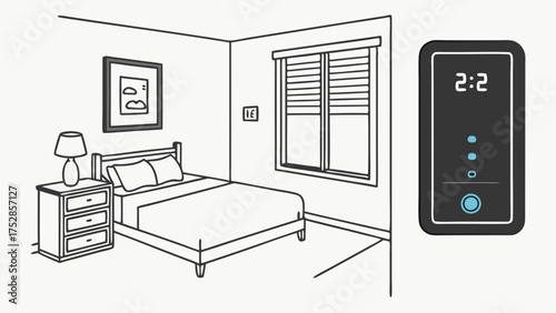 Modern Bedroom with Smart Home Digital Thermostat. Home Automation Technology for Climate Control, Comfort, and Energy Efficiency in Residential Living.