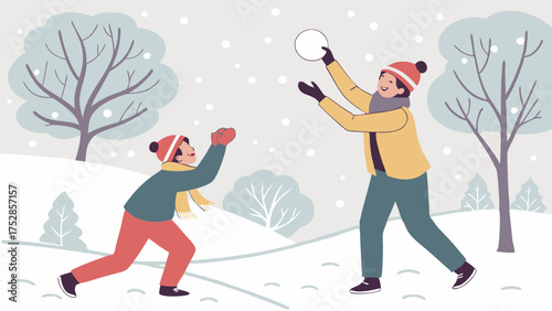 Happy Family Playing Snowball Fight in Snowy Winter Park. Joyful Parent and Child Enjoying Outdoor Winter Activities, Fun, and Family Bonding.