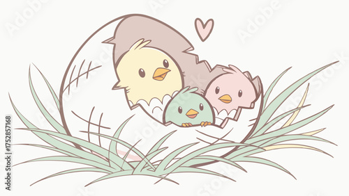 Adorable Pastel Baby Chicks Hatching from Egg in Grass Nest for Spring Easter New Beginnings and Growth Cute Nursery Decor Kids Products