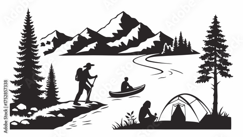 Wilderness Outdoor Adventure Silhouette Mountains Lake Forest People Hiking Kayaking Camping Recreation Travel Tourism Marketing Web Design
