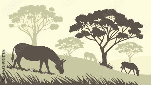 Wild Donkeys Grazing in Serene African Savanna Silhouette Vector Illustration for Nature Documentaries Travel and Education