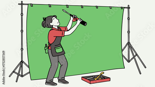 Focused Young Woman Setting Up Green Screen Backdrop in Studio for Video Production Content Creation and Filmmaking Chroma Key Setup