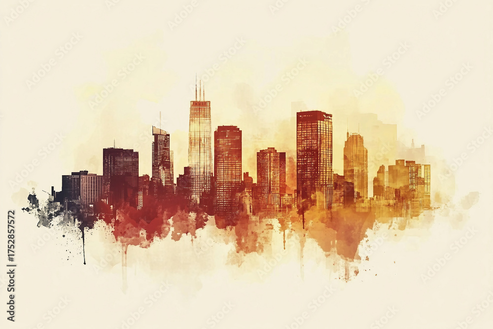 Obraz premium Retro style city skyline with modern architecture silhouettes in warm golden tones and vintage aesthetic, generative ai
