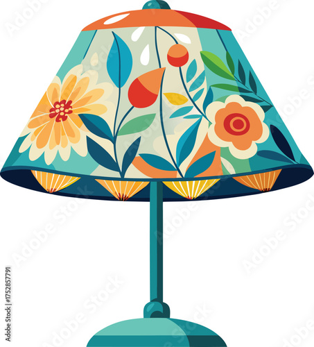Vibrant floral patterned table lamp with teal base and colorful shade