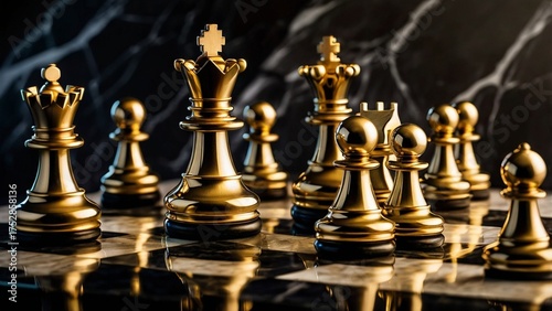 Luxurious gold chess set on black marble
