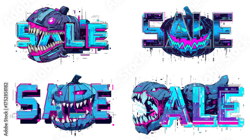 Cyberpunk style “SALE” text with glitch pumpkins and monsters in neon colors. Perfect for futuristic Halloween sale banners, promotions, and digital marketing.