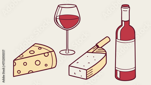 Gourmet Red Wine and Cheese Pairing Illustration for Restaurant Menu Food Blog and Lifestyle Website Design