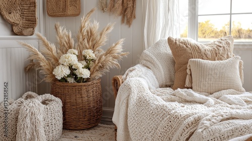 Cozy Bohemian Living Room Decor with Woven Basket and Dried Flowers.