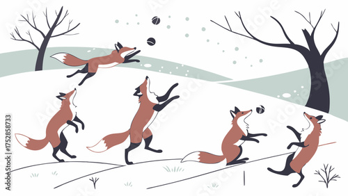 Dynamic Foxes Playing in Snow. Whimsical Winter Animal Illustration for Children's Content and Seasonal Marketing Campaigns.