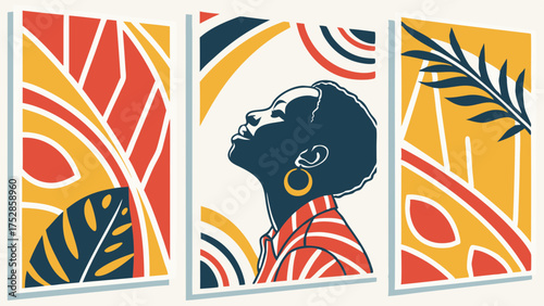 Vibrant Abstract Art Prints Set with Empowering Black Woman Profile and Tropical Foliage for Modern Home Decor Lifestyle