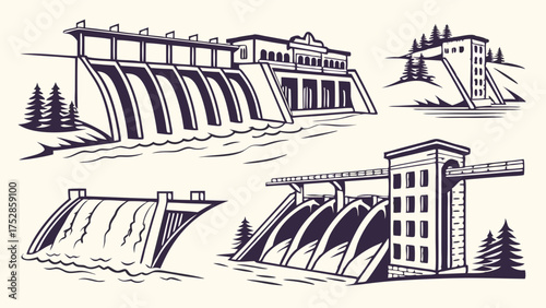 Hydroelectric Dam Designs Collection Vintage Engraving Style Illustrations for Renewable Energy Infrastructure and Water Power Generation Projects