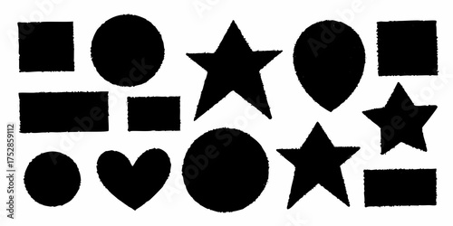 Collection of black hand drawn textured geometric shapes and symbols on white background