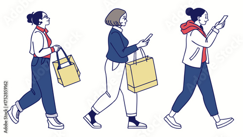 Young Women Walking with Shopping Bags and Smartphones Online Shopping Mobile Commerce Retail Consumer Lifestyle