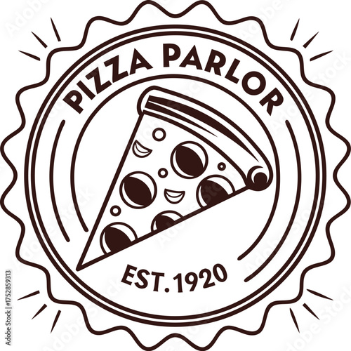 Vintage pizza parlor emblem featuring a slice of pepperoni pizza with est 1920 and pizza parlor text in a circular badge design