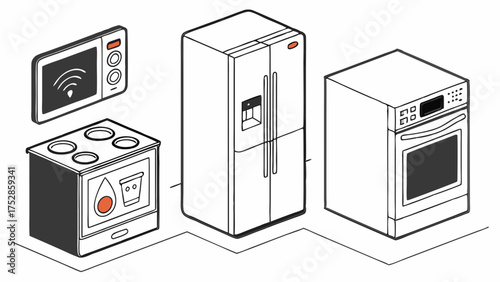 Smart Refrigerator Microwave Oven Washing Machine Network Isometric Line Art. IoT Home Automation Technology for Modern Living and Digital Control.